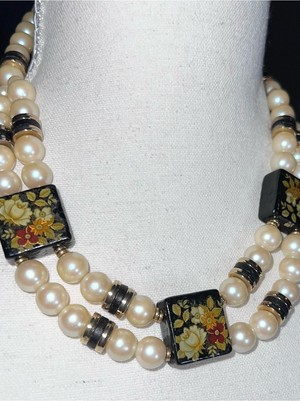 Pearl and Black Floral Tile Double Strand Necklace - Cream/Black